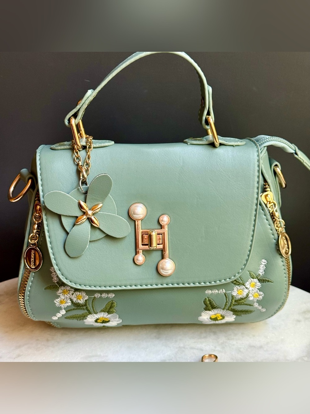 Haweiou Sage Green Embroidered Floral Handbag Pearl Accent-Excellent Condition